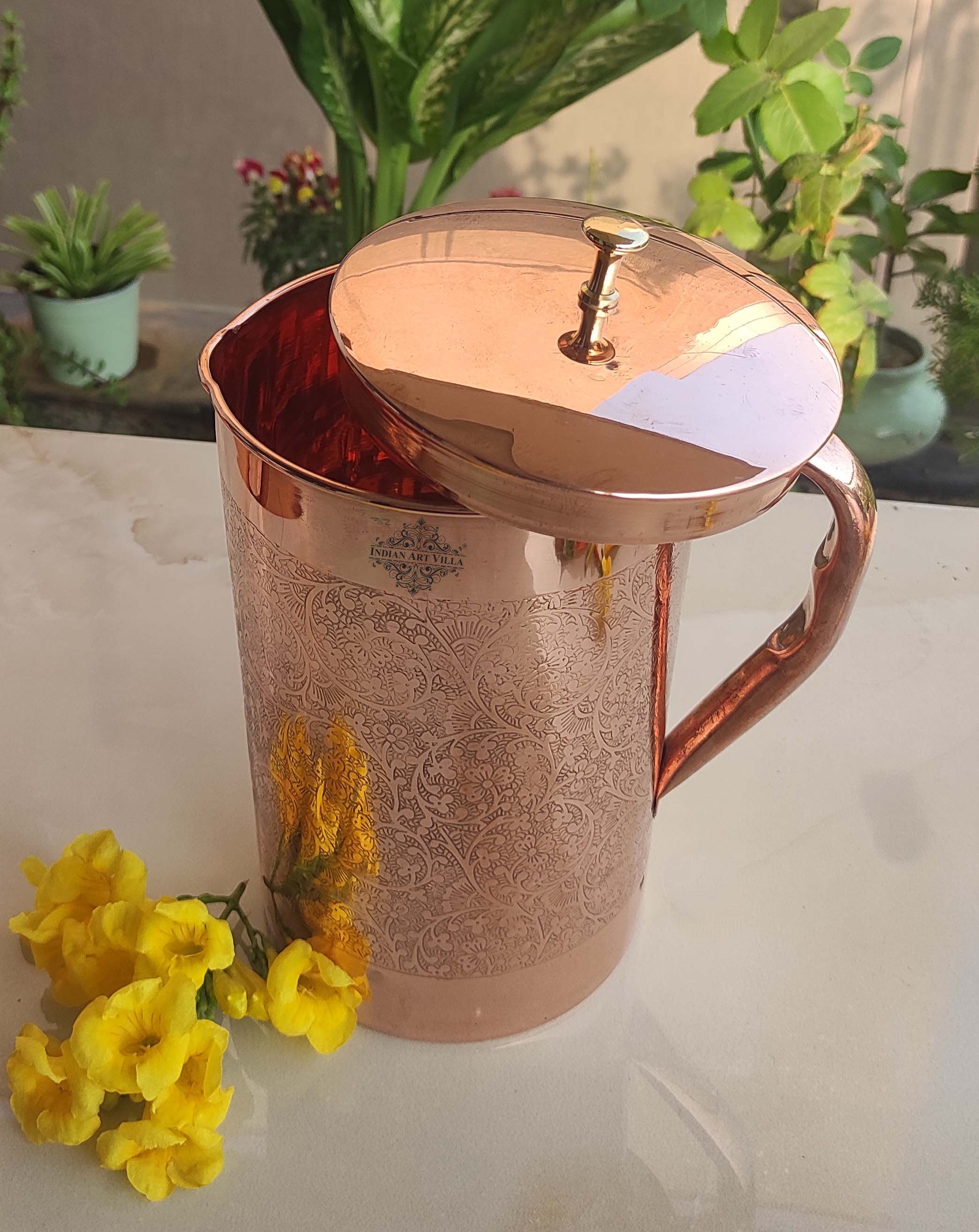 Pure copper embossed jug with brass knob on lid half embossed, 2000 ML